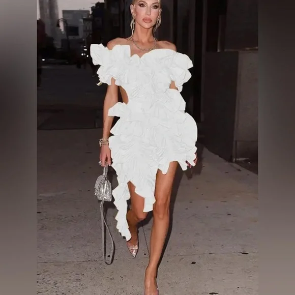 Elegant Ruffle Statement Mini Dress – Off-Shoulder Layered Halter Cocktail Dress - Picture 12 of 13